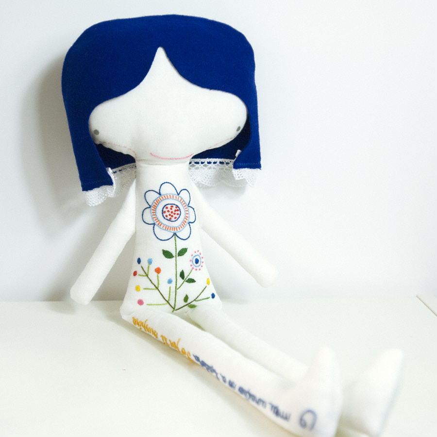 Ermelinda linen doll * hand embroidered flower and letters with blue hair