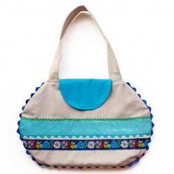 Linen bag with blue appliqué ribbons