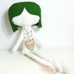 Ermelinda linen doll * hand embroidered heart and letters with green hair