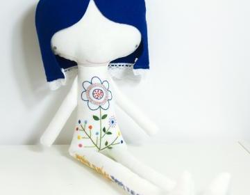 Ermelinda linen doll * hand embroidered flower and letters with blue hair