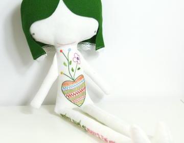 Ermelinda linen doll * hand embroidered heart and letters with green hair